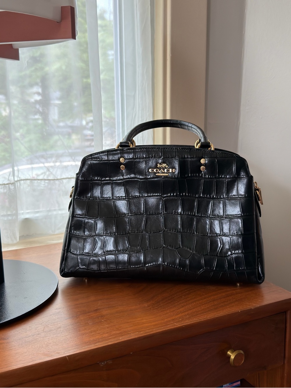 Coach Black Croc-Embossed Leather Handbag with Gold Hardware